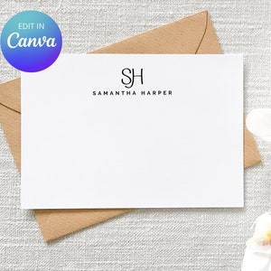 Monogramm Initialen Briefpapierkarten, bearbeitbare benutzerdefinierte Grußkarten, druckbare Grußkarten, digitaler Download, Dankeschön, personalisierte Notizen