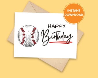 Baseball Birthday Card, Printable Baseball Birthday Card, Digital Download, Happy Birthday Cards, Sports Greeting Card, INSTANT DOWNLOAD
