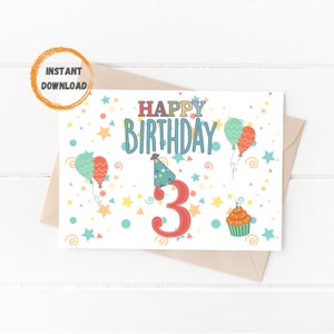 3º aniversário, cartão de feliz aniversário, aniversário de 3 anos, cartão para impressão, download digital, cartões de aniversário 5x7, cartão comemorativo, pronto para imprimir