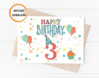 3. Geburtstag, Happy Birthday Karte, 3 Jahre alt Geburtstag, druckbare Karte, digitaler Download, 5x7 Bday Karten, Grußkarte, fertig zum Drucken