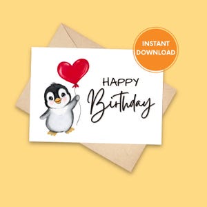Cartão de aniversário de pinguim, cartão de feliz aniversário para impressão, download digital, cartões de aniversário para impressão e corte, cartão de aniversário de animal, DOWNLOAD INSTANTÂNEO