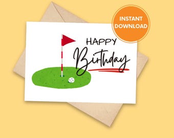May include: A white card with a green golf course and a red flag. The text "Happy Birthday" is written in black cursive.