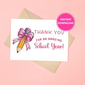 Merci carte de professeur, carte imprimable de fin d'année, téléchargement numérique, carte de remerciement, jolie carte de professeur d'école crayon rose, téléchargement immédiat