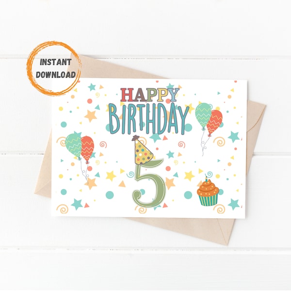 5th Birthday Card, Happy Birthday Card, 5 Year Old Birthday, Printable Card, Digital Download, 5x7 Bday Cards, Greeting Card, Ready to Print