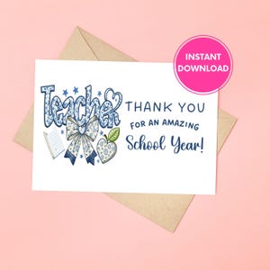 Carte de remerciement pour professeur imprimable, carte de fin d'année, téléchargement numérique, carte de note florale bleue pour professeur, note de remerciement, TÉLÉCHARGEMENT IMMÉDIAT