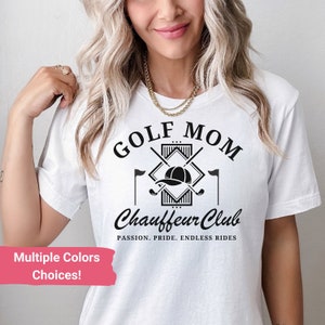 Woman smiling in white “Golf Mom Chauffeur Club” t-shirt. Funny, relatable golf shirt for women, perfect gift for sporty moms or golf lovers.