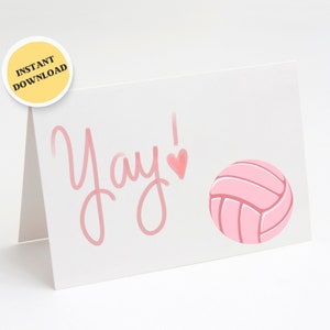 Tarjeta de Voleibol, Yay Voleibol, Tarjeta Imprimible, Descarga Digital, PDF 5x7, Tarjeta de Notas de Voleibol, Rosa, Plana y Plegable, DESCARGA INSTANTÁNEA