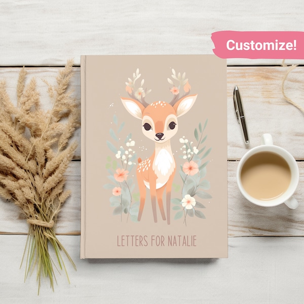 Deer Journal Notebook, Floral Deer Baby Shower Gift, Letters to My Daughter, Notes to My Child, Custom Hardcover Notebook, Personalized
