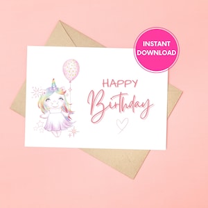Cartão de aniversário de unicórnio, cartão de feliz aniversário para impressão, download digital, cartões de aniversário para crianças, cartão de aniversário para impressão e corte, DOWNLOAD INSTANTÂNEO