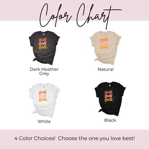 May include: Four t-shirts in different colors: dark heather grey, natural, white, and black. Each shirt features a graphic design with the word "golf" repeated three times in a stacked arrangement with a golf club icon.