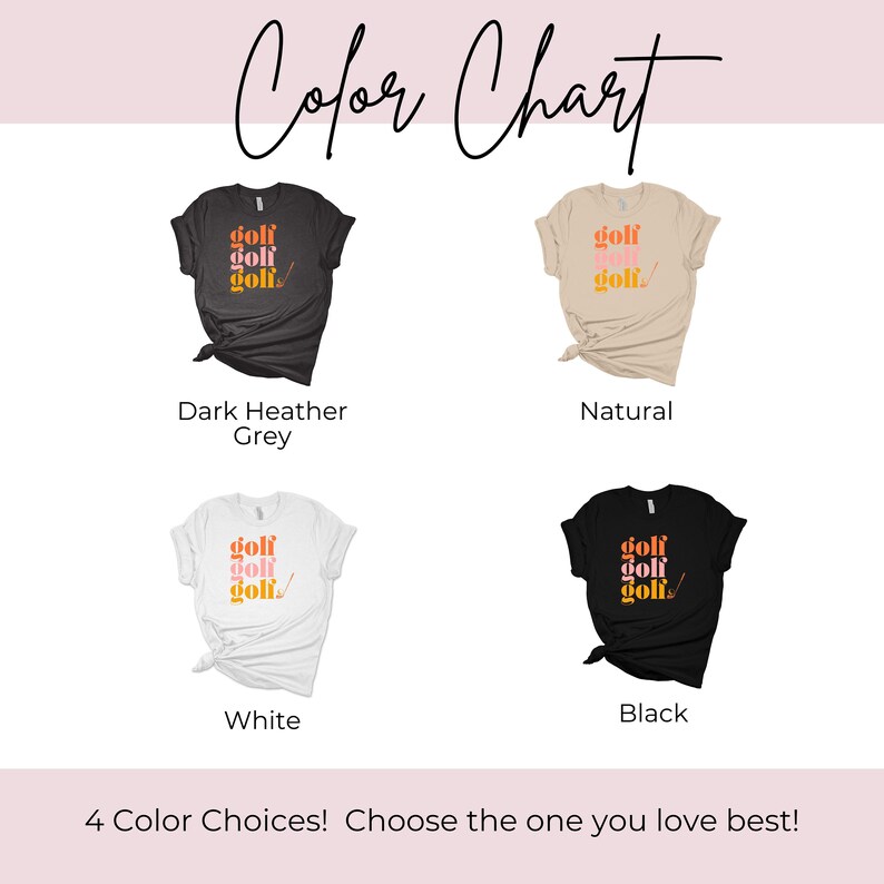 May include: Four t-shirts in different colors: dark heather grey, natural, white, and black. Each shirt features a graphic design with the word "golf" repeated three times in a stacked arrangement with a golf club icon.