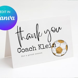 Tarjeta de entrenador de fútbol, tarjeta de agradecimiento imprimible y editable, regalo para entrenador, descarga digital, entrenador de club escolar, tarjeta de agradecimiento para entrenador