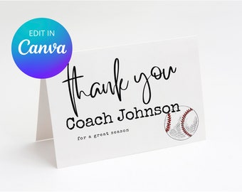 Bedankkaart coach honkbal, bewerkbare kaart van 5 x 7, digitale download, cadeau schoolcoach, bedankkaart, waarderingskaart coach