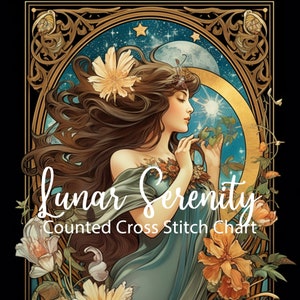 Lunar Serenity Art Nouveau Wall Art, Full Coverage Cross Stitch Pattern, Instant Download PDF, Counted Cross Stitch, Embroidery Art