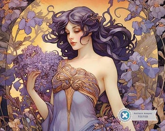 Lavender Elegance Art Nouveau Wall Art, Full Coverage Cross Stitch Pattern, Instant Download PDF, Counted Cross Stitch, Embroidery Art