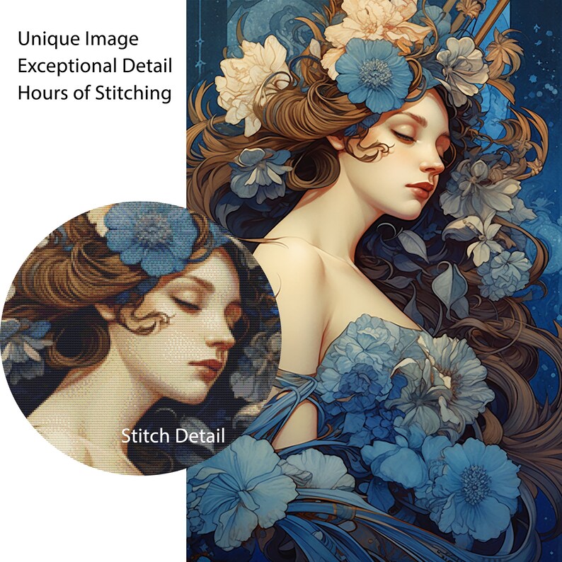 Sapphire Whispers Art Nouveau Wall Art, Full Coverage Cross Stitch