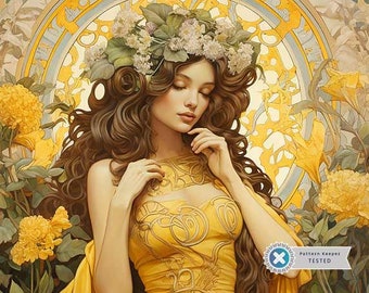 Gilded Tranquility Art Nouveau Wall Art, Full Coverage Cross Stitch Pattern, Instant Download PDF, Counted Cross Stitch, Embroidery Art