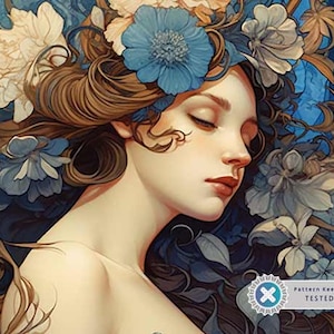 Sapphire Whispers Art Nouveau Wall Art, Full Coverage Cross Stitch Pattern, Instant Download PDF, Counted Cross Stitch, Embroidery Art