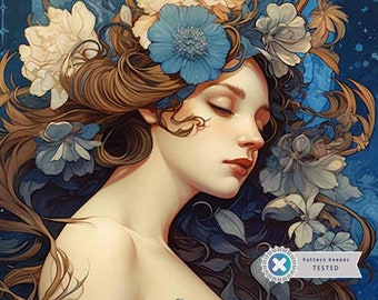 Sapphire Whispers Art Nouveau Wall Art, Full Coverage Cross Stitch Pattern, Instant Download PDF, Counted Cross Stitch, Embroidery Art