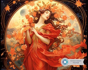 Fiery Delight Art Nouveau Wall Art, Full Coverage Cross Stitch Pattern, Instant Download PDF, Counted Cross Stitch, Embroidery Art