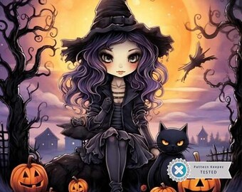 Grimm and Gretta Wall Art, Witch, Black Cat, Halloween, Full Coverage Cross Stitch Pattern, Beautiful Bee Art, Embroidery Art
