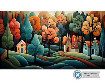 Autumn Whimsy Landscape |  Easy Full Coverage Cross Stitch Pattern | PDF Download, Counted Cross Stitch, Embroidery Wall Art