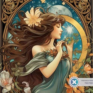Lunar Serenity Art Nouveau Wall Art, Full Coverage Cross Stitch Pattern, Instant Download PDF, Counted Cross Stitch, Embroidery Art