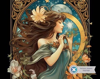Lunar Serenity Art Nouveau Wall Art, Full Coverage Cross Stitch Pattern, Instant Download PDF, Counted Cross Stitch, Embroidery Art