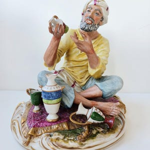 Large Vintage Capodimonte-Style Porcelain Figurine – Handmade Arabic Salesman with Aladdin Vibes – German Marked Collectible