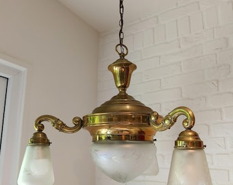 Antique Brass & Frosted Glass Chandelier • Art Deco Ceiling Light • Etched Globe and Shades Pendant Lamp • Early 20th c Lighting