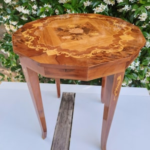 Antique Italian Intarsia Music Table – Reuge Swiss Movement – Handmade Floral Inlay – Vintage Musical Side Table – Rare Find