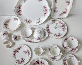Royal Albert Lavender Rose complete tableware - England vintage porcelain crockery 1960 - Serving plates, vase, saltshaker, cup, bowls etc!