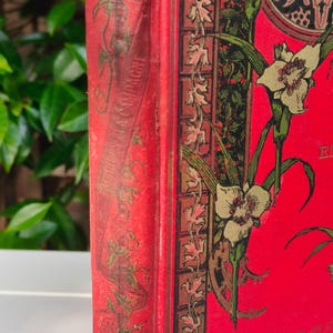 May include: A vintage book with a red cover and floral illustrations. The cover features white flowers with green stems and leaves, and decorative borders. The spine has text that reads "NOUVELLES DE LA CAMPAGNE".