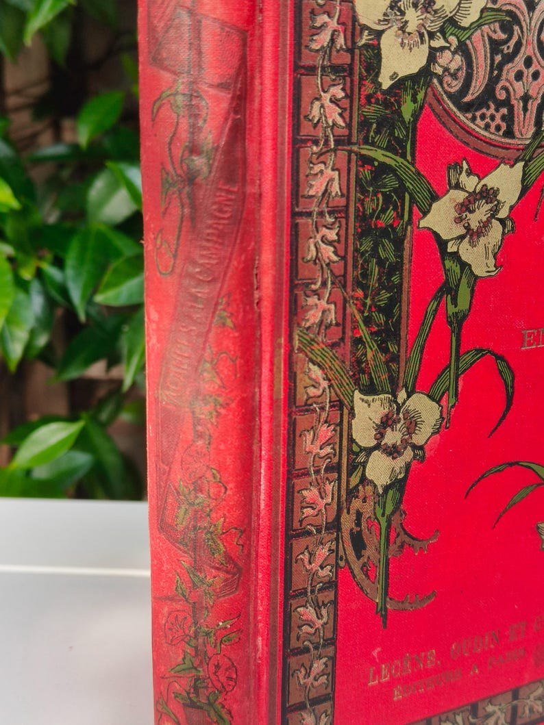 May include: A vintage book with a red cover and floral illustrations. The cover features white flowers with green stems and leaves, and decorative borders. The spine has text that reads "NOUVELLES DE LA CAMPAGNE".