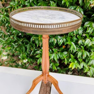 Vintage Marble Top Side Table with Brass Gallery | 1950s Hollywood Regency French Empire Revival Accent Table