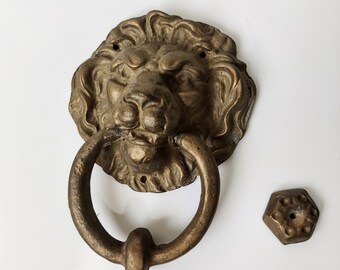 Antique brass Victorian lion head with woman - Door knocker - 1900 England Pembroke - original heavy handcrafted vintage