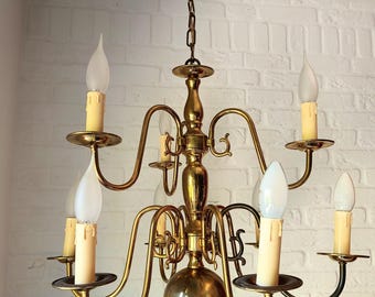 Vintage Dutch Brass Chandelier – 6 Light Baroque Style Ceiling Lamp, Mid-Century Electrified Fixture, Holland Lighting