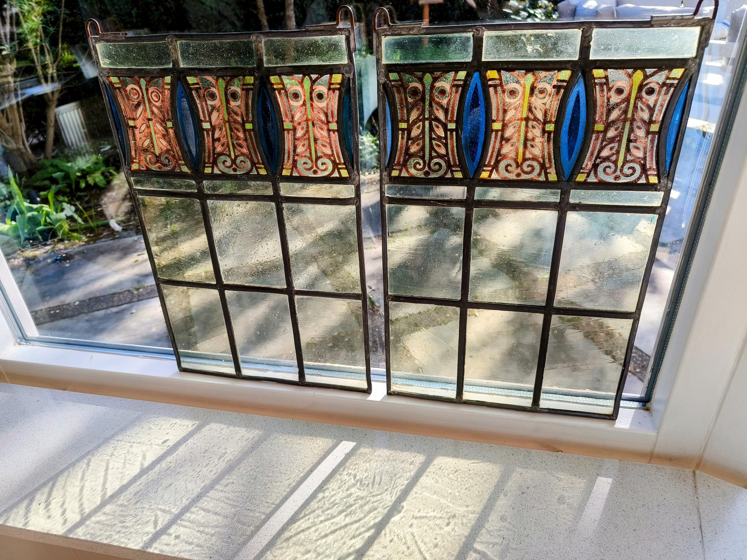 Pair of Antique Art Nouveau Stained Glass Windows – Handcrafted Leaded Panels with Painted and Textured Glass - European Jugendstil deco