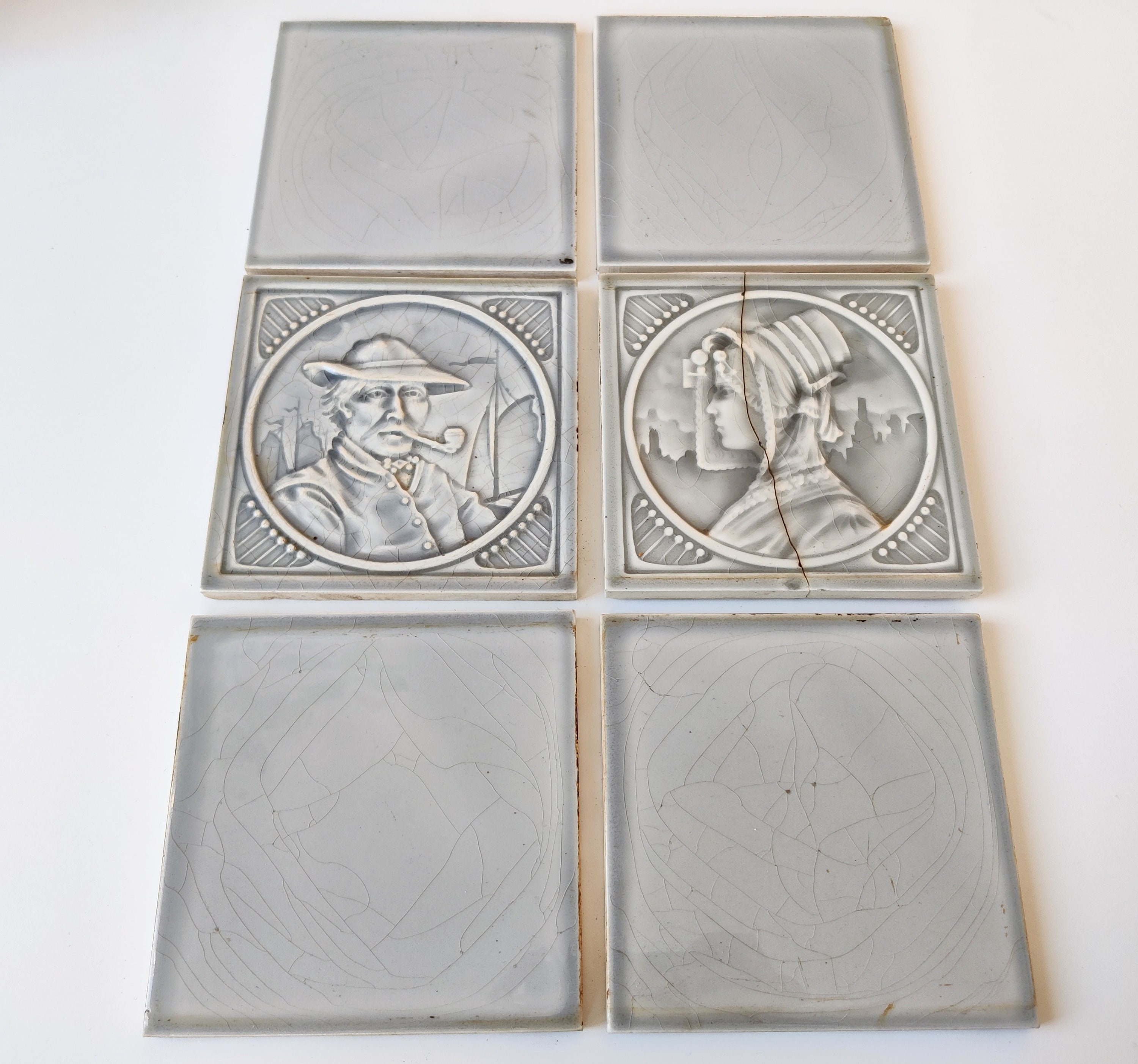 Art Nouveau Jugendstil original Tiles - (6) Men and Woman - Ship couple Dutch sailor - Bonn Wessel Germany Jugendstil tile Fliesen