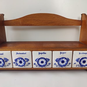 Antique Dutch spice cabinet / spice rack - Vintage Dutch kitchen decor - Wood, Porcelain - Dutch Art Nouveau Delfts blue and white porcelain