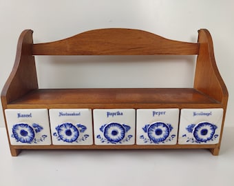 Antique Dutch spice cabinet / spice rack - Vintage Dutch kitchen decor - Wood, Porcelain - Dutch Art Nouveau Delfts blue and white porcelain