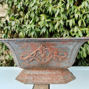 Antique French Cast Iron Jardinière – Victorian 19th Century Garden Planter, Ornate Floral Aged Patina, Classic European Decor French estate