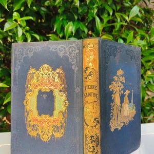 May include: Vintage book with a navy blue cover and gold detailing. The spine displays "PIERRE SAINTIVE" in gold. The cover is adorned with elaborate gold patterns and a decorative frame. The book is open, showing its pages.