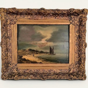 Antique 19th-Century Oil Painting – Signed Seascape, Shell Fisherman on Shore, Maritime Art, Sailing Ships, Ornate Gilt Frame, Fine Art