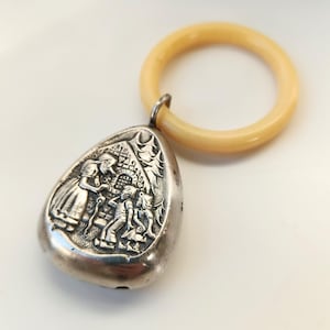 Vintage silver plated baby rattle - Hansel and Gretel - babyshower gift - silver elephant retro christening gift - Fairytale