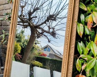 Antique French-Style Wall Mirror – Louis XVI Gold Frame – Gilt Beaded Edge – Hallway or Mantel Mirror – 20th Century Elegance - big size