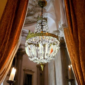 Antique Empire Basket Chandelier with Hand-Cut Crystals – French Gilt Brass Lighting – Early 1900s Palace Style