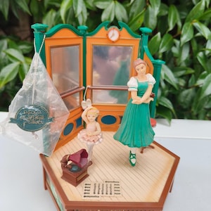 Puede incluir: Caja de música decorativa con temática de ballet. La caja tiene un escenario con dos figuras de bailarinas, un gramófono y un fondo de espejo. La caja está pintada con colores verde, naranja y marrón.