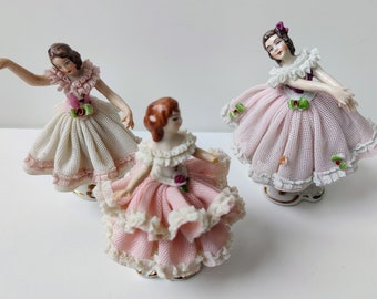 Carl Thieme Dresden Germany - Vintage Porcelain Hand Paint Antique - Three figurine ballerina dancers porcelain lace tulle Figurines meissen