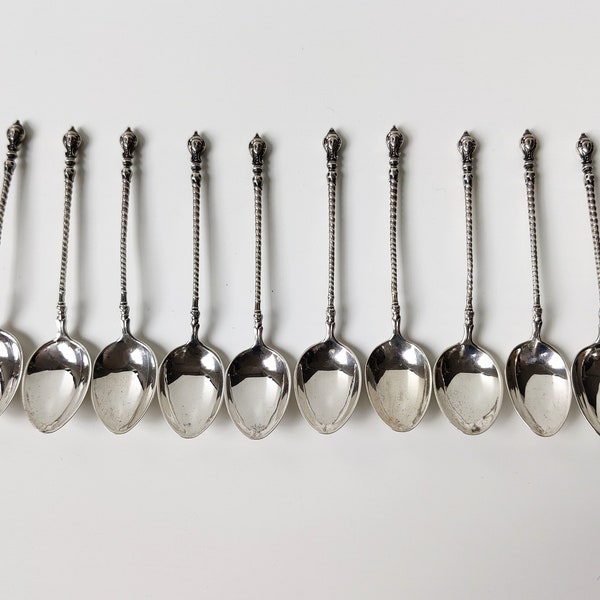 Twelve antique 830 silver spoons (12) - teaspoons / coffeespoons - European vintage silver spoons / lepels with face - 19th century